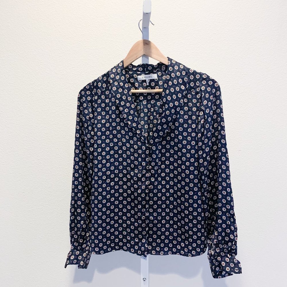 FRAME Mini Paisley Shawl-Collar Satin Blouse